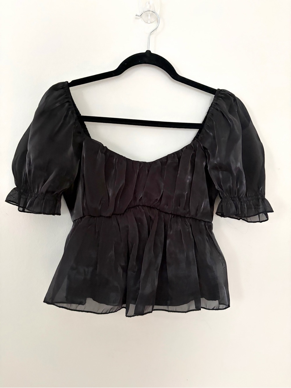 Black Sheer Puff Sleeve Peplum Blouse Top Whimsigoth Balletcore Women’s Medium